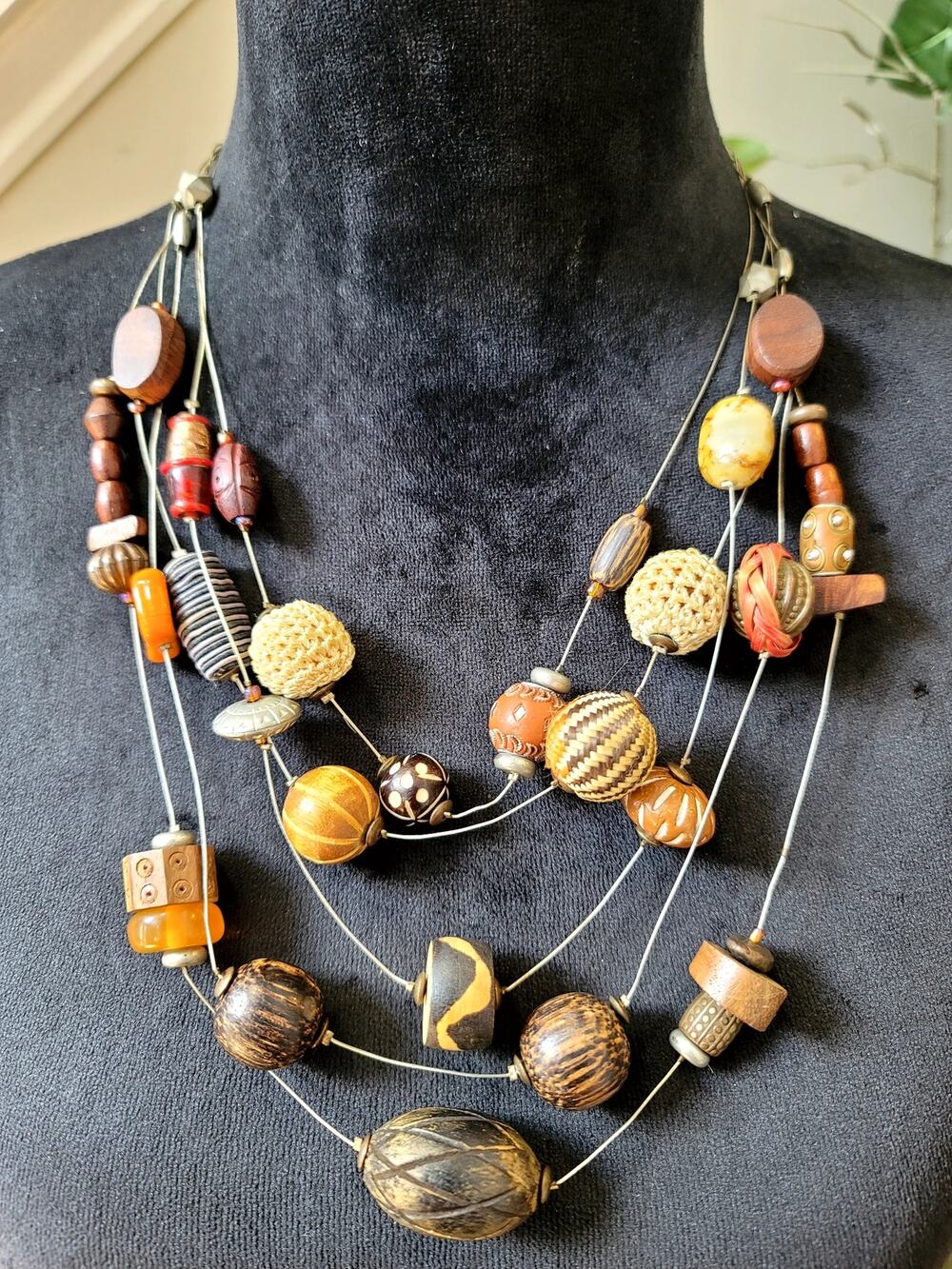 Brown Orange Multi Strand Beaded Statement Necklace Boho Chunky